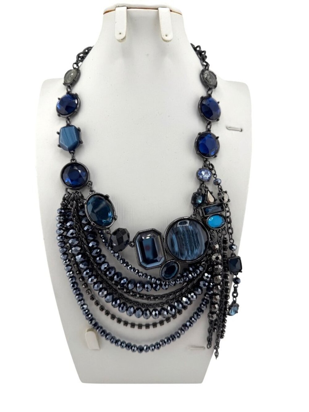 Chico's Multi-Strand Bib Statement Necklace Blue Faceted Beads & Gunmetal Chains